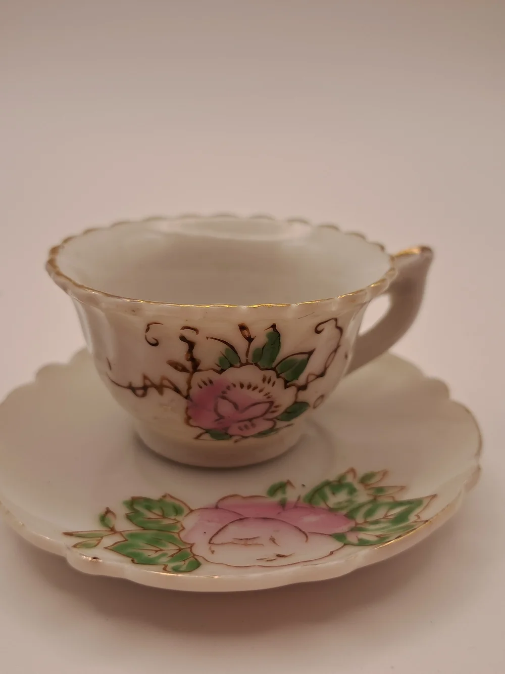 Vintage Miniature Teacup Saucer Set Hand Painted Pink Floral Gold Trim Japan